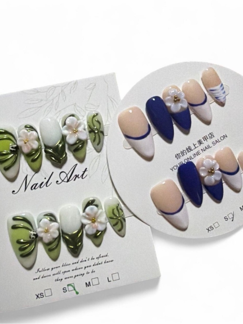 Floral Press-On Nail Set – Green & Navy Accent